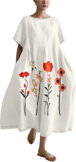 MARSVOVO Boho Maxi Dress for Women Plus Size Flowy Japanese Floral Print Casual Dresses