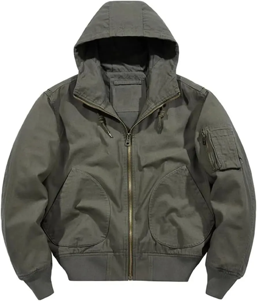 Men Autumn Cargo Jackets Hooded Multi Pockets Loose Outwear