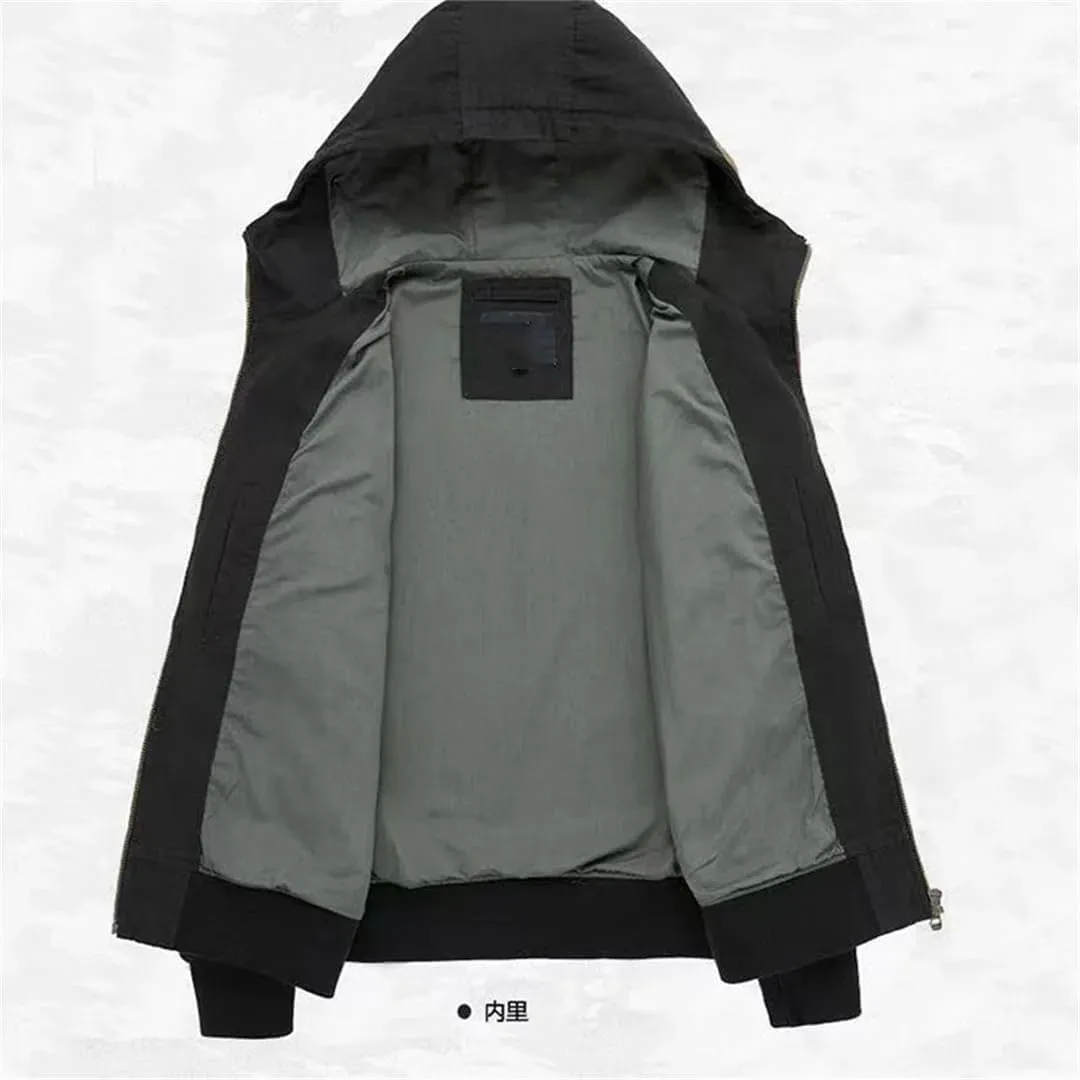 Men Autumn Cargo Jackets Hooded Multi Pockets Loose Outwear