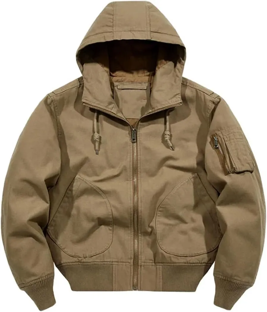 Men Autumn Cargo Jackets Hooded Multi Pockets Loose Outwear