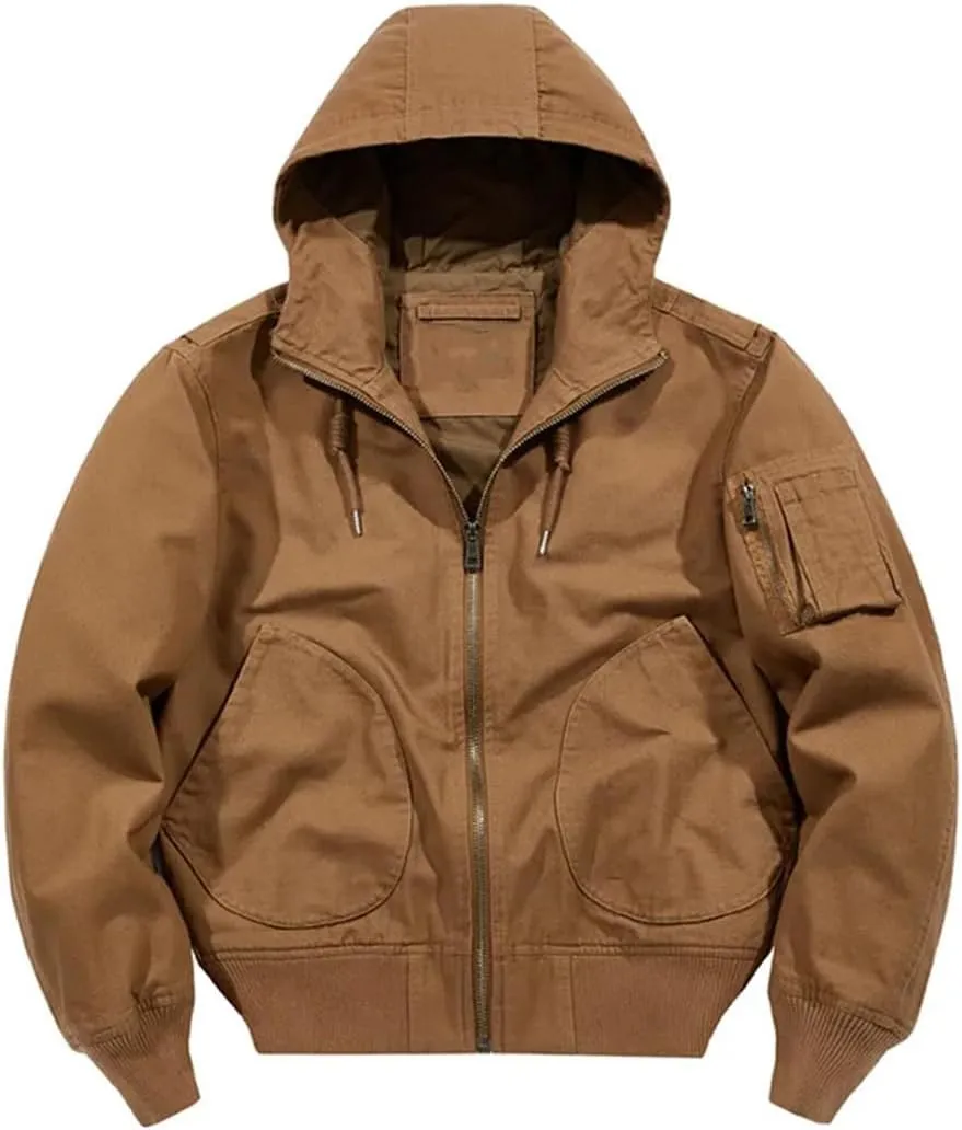 Men Autumn Cargo Jackets Hooded Multi Pockets Loose Outwear