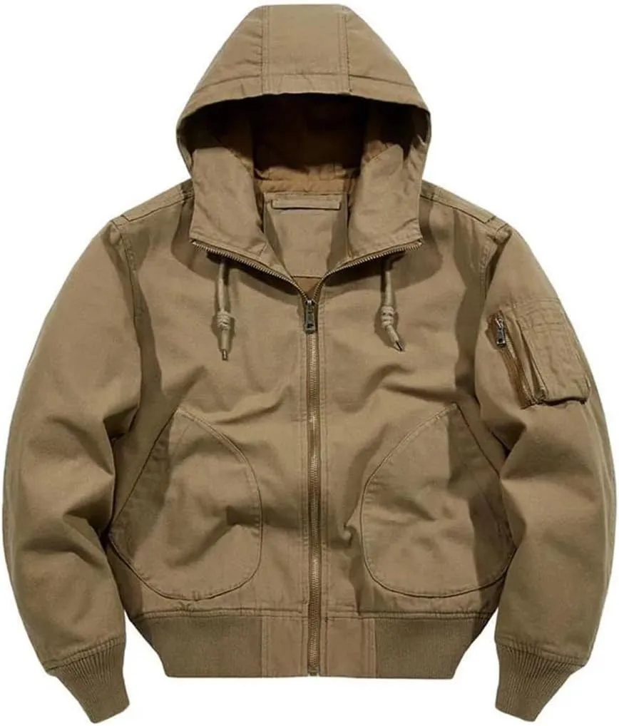 Men Autumn Cargo Jackets Hooded Multi Pockets Loose Outwear