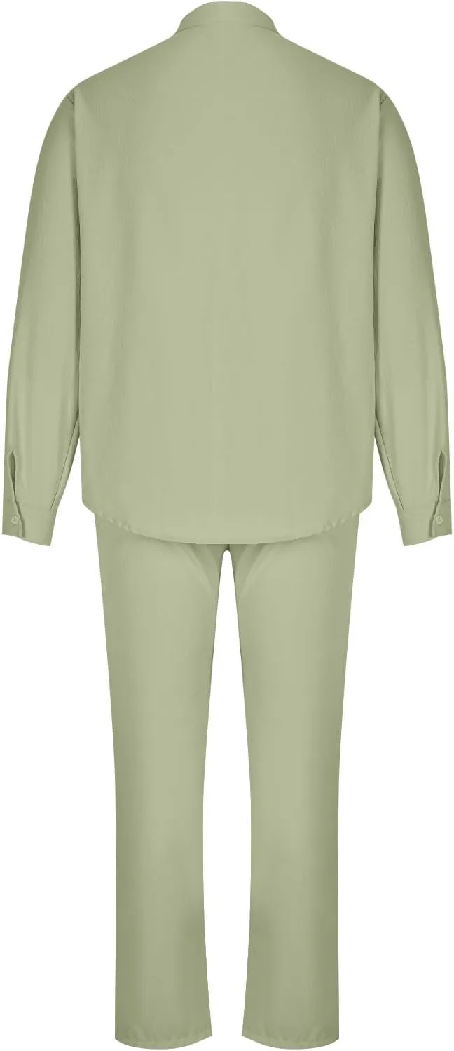 Men Cotton Linen Set Plus Size Long Sleeve Button Shirts Pants 2PC Suit Blouse Top Wide Leg Trouser Summer Outfits