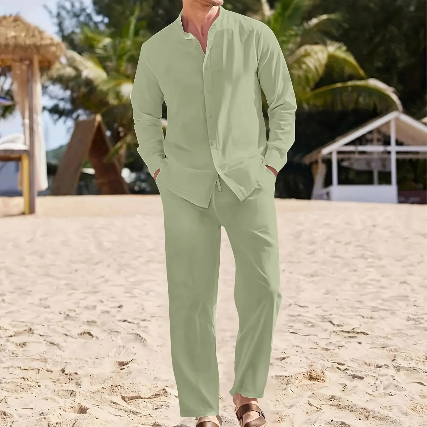 Men Cotton Linen Set Plus Size Long Sleeve Button Shirts Pants 2PC Suit Blouse Top Wide Leg Trouser Summer Outfits