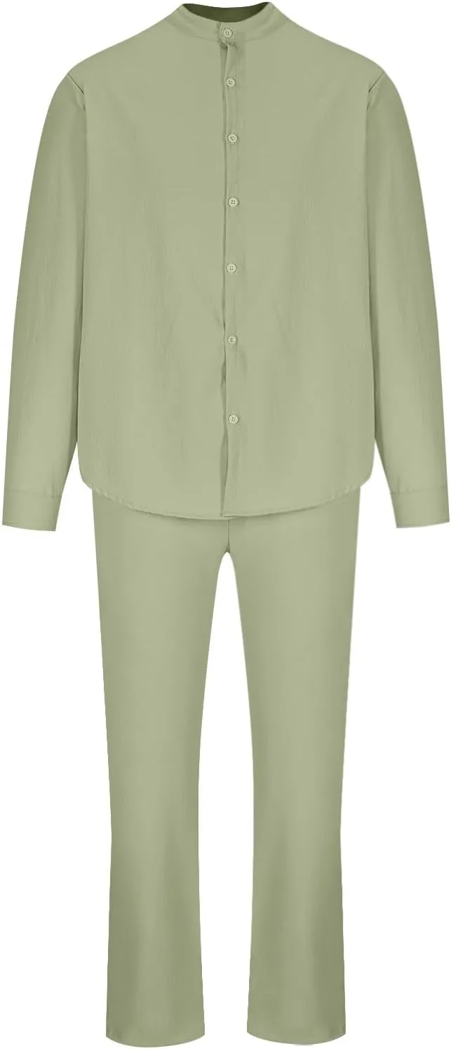 Men Cotton Linen Set Plus Size Long Sleeve Button Shirts Pants 2PC Suit Blouse Top Wide Leg Trouser Summer Outfits
