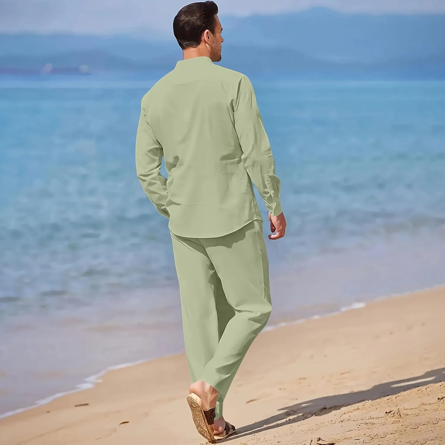 Men Cotton Linen Set Plus Size Long Sleeve Button Shirts Pants 2PC Suit Blouse Top Wide Leg Trouser Summer Outfits