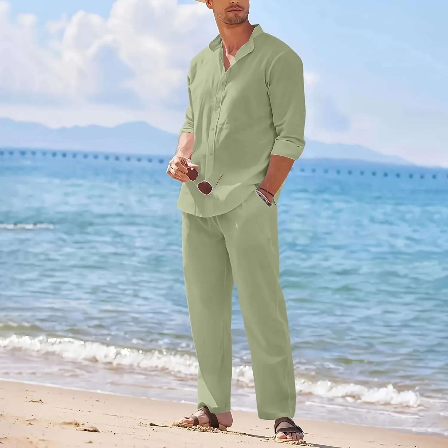 Men Cotton Linen Set Plus Size Long Sleeve Button Shirts Pants 2PC Suit Blouse Top Wide Leg Trouser Summer Outfits
