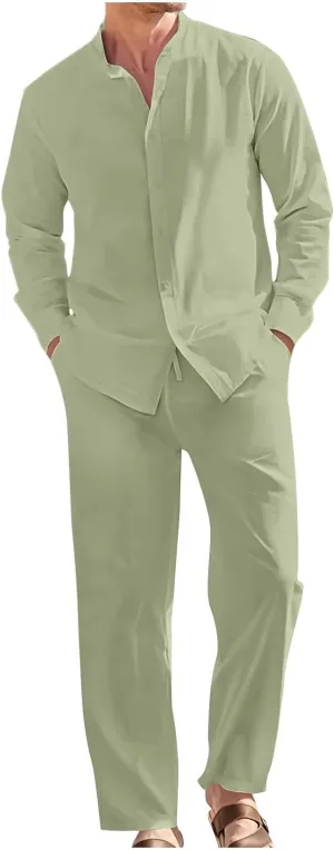 Men Cotton Linen Set Plus Size Long Sleeve Button Shirts Pants 2PC Suit Blouse Top Wide Leg Trouser Summer Outfits
