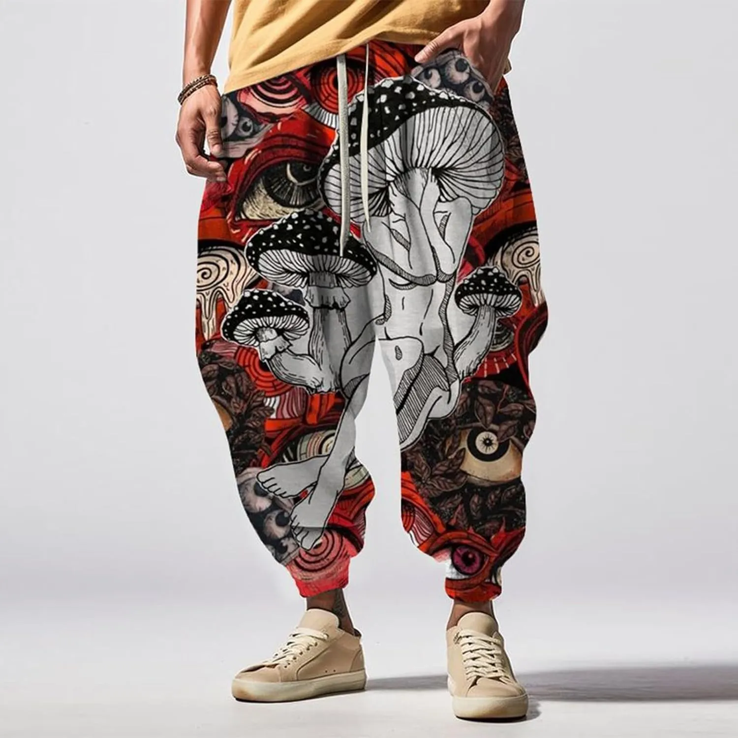Men Hippie Harem Pants Men's Autumn Fun Print Fashion Street Feel Casual Sweatpants Cotton Drawstring Cargo Pants