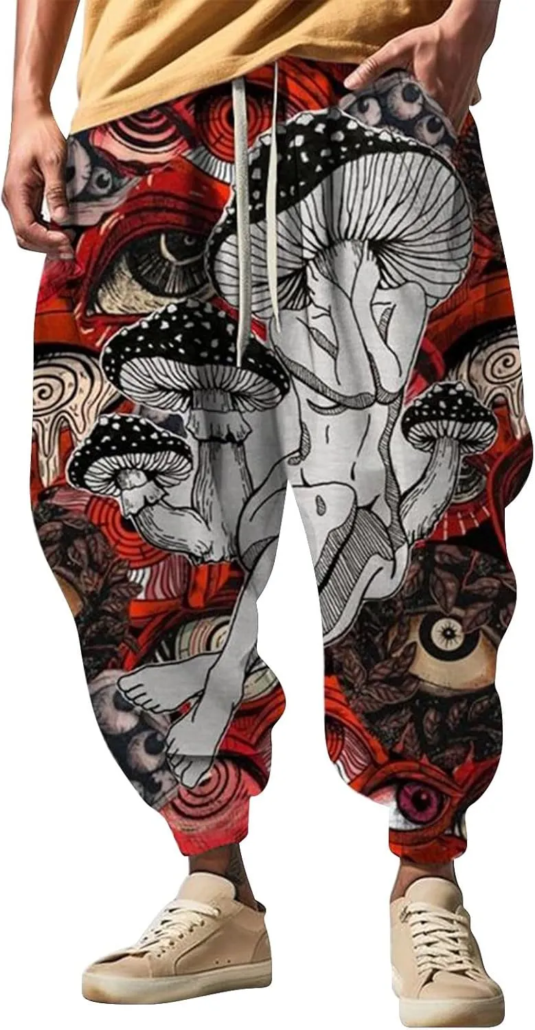 Men Hippie Harem Pants Men's Autumn Fun Print Fashion Street Feel Casual Sweatpants Cotton Drawstring Cargo Pants