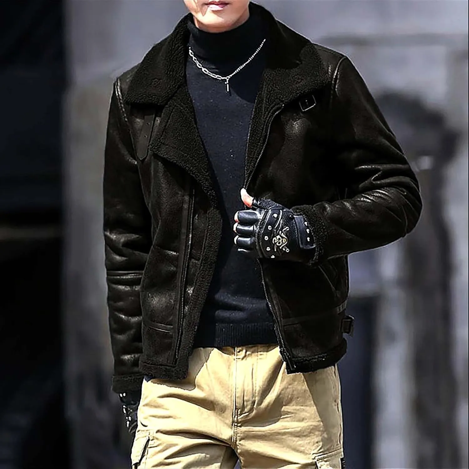 Mens 2023 Fleece Lined Faux Leather Suede Jackets Winter Sherpa Lined Trucker Jacket Warm Fleece Zip Up Work Coat
