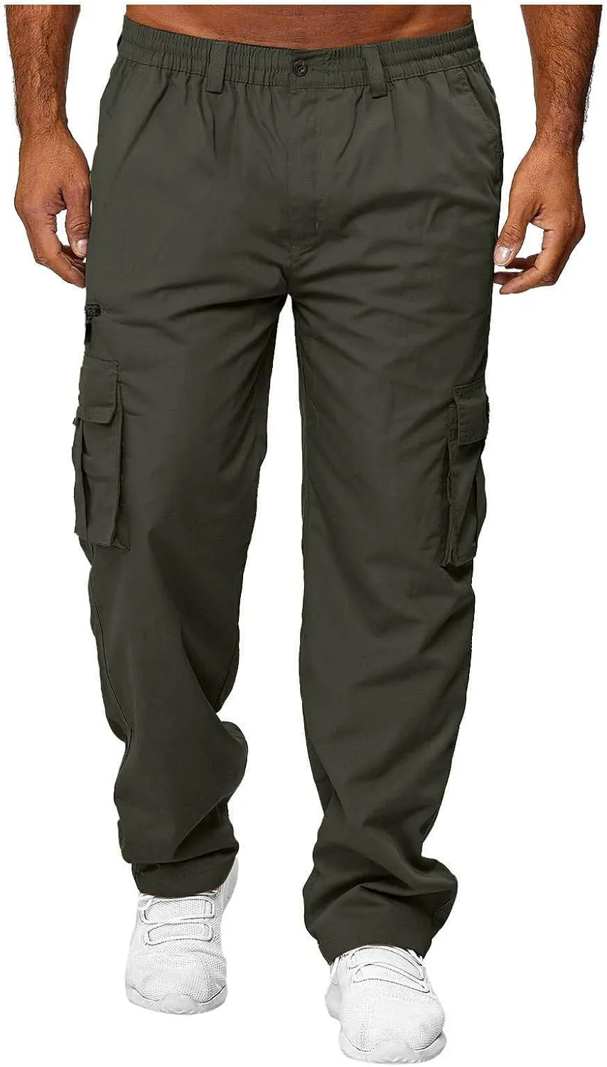 Mens Cargo Trousers,Elastic Waistband Straight Leg Pants Casual Midweight Slacks Basic Low Rise Bottoms for Men