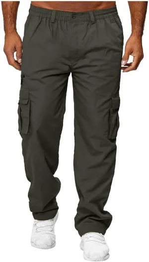 Mens Cargo Trousers,Elastic Waistband Straight Leg Pants Casual Midweight Slacks Basic Low Rise Bottoms for Men