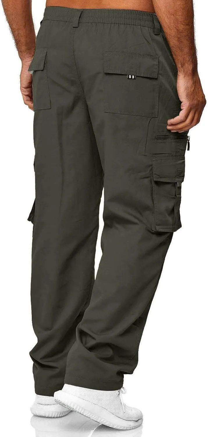 Mens Cargo Trousers,Elastic Waistband Straight Leg Pants Casual Midweight Slacks Basic Low Rise Bottoms for Men