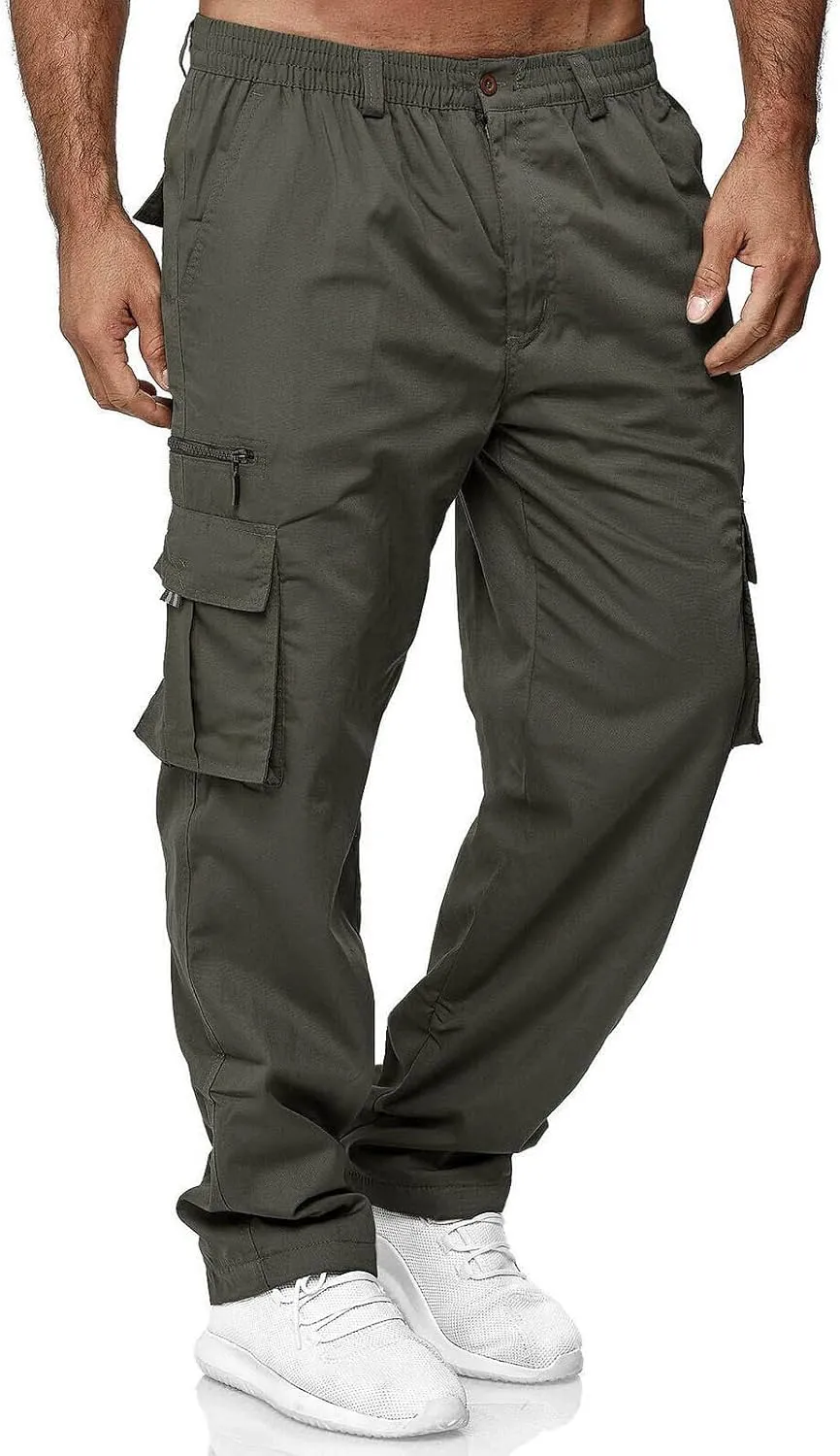 Mens Cargo Trousers,Elastic Waistband Straight Leg Pants Casual Midweight Slacks Basic Low Rise Bottoms for Men