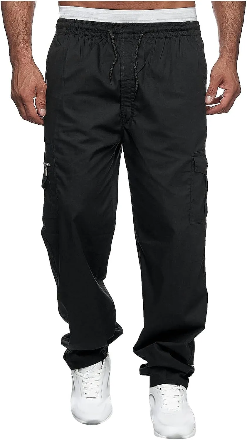Mens Cargo Trousers,Elastic Waistband Straight Leg Pants Casual Midweight Slacks Basic Low Rise Bottoms for Men