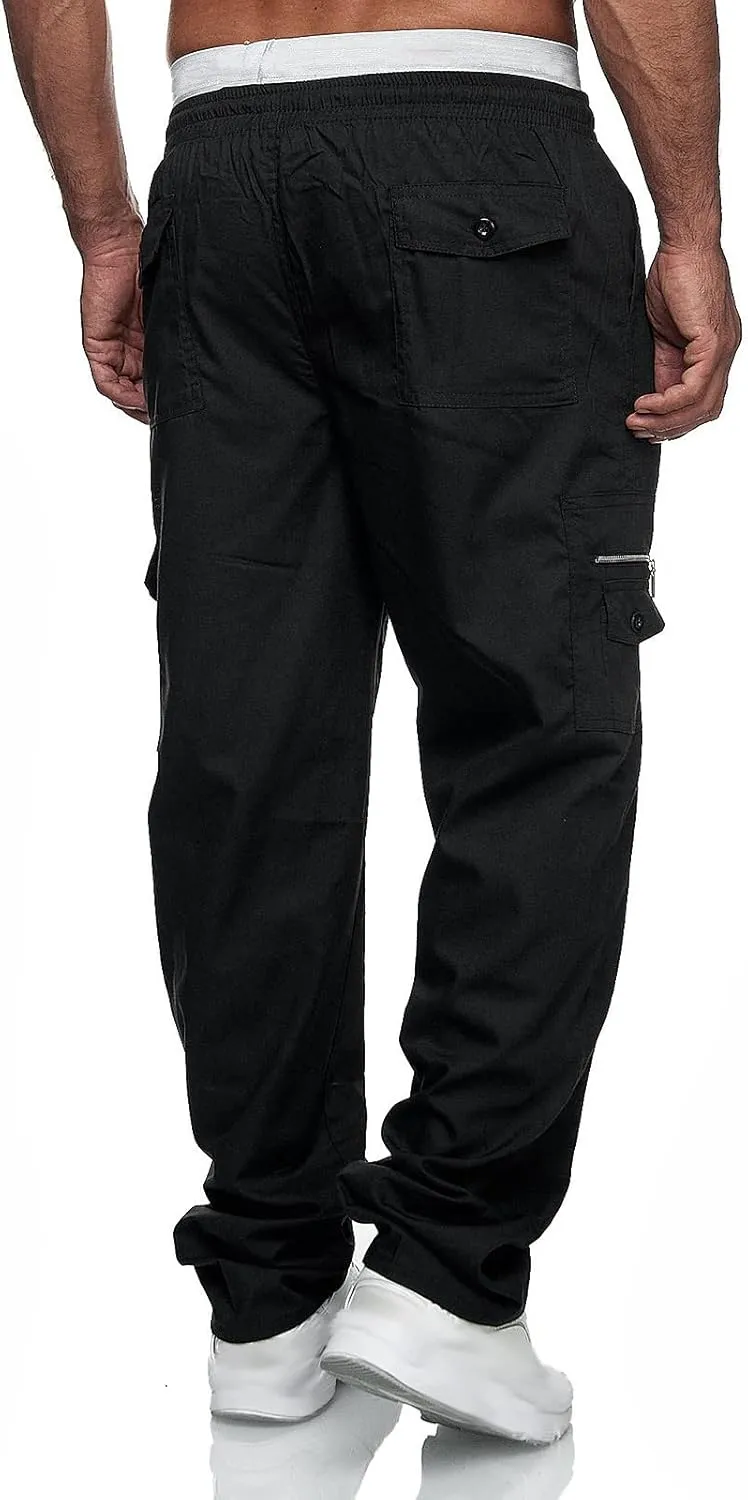 Mens Cargo Trousers,Elastic Waistband Straight Leg Pants Casual Midweight Slacks Basic Low Rise Bottoms for Men