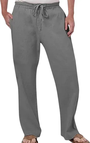 Mens Cotton Pants Casual Elastic Waist Drawstring Lightweight Summer Beach Trousers with Pockets, Tactical Pants for Men
