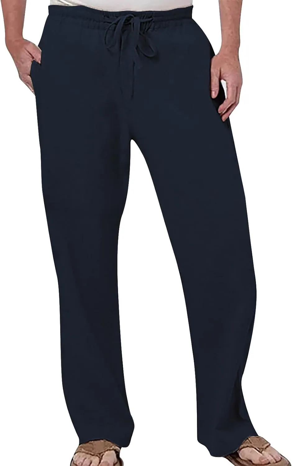 Mens Cotton Pants Casual Elastic Waist Drawstring Lightweight Summer Beach Trousers with Pockets, Tactical Pants for Men
