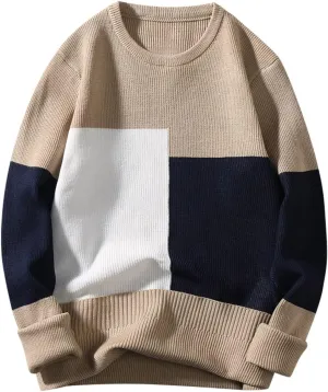 Mens Crewneck Oversized Sweaters Long Sleeve Patchwork Knit Jumper Pullover Stretchy Autumn Fashion Blouse T Shirts