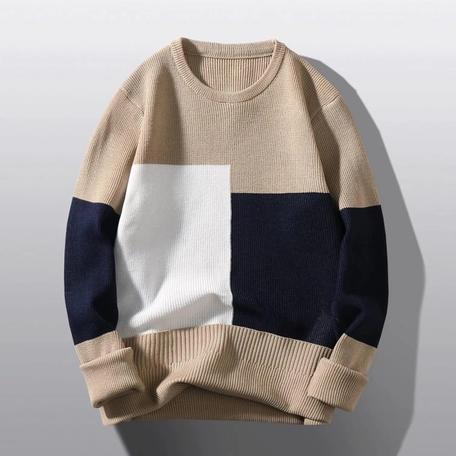 Mens Crewneck Oversized Sweaters Long Sleeve Patchwork Knit Jumper Pullover Stretchy Autumn Fashion Blouse T Shirts