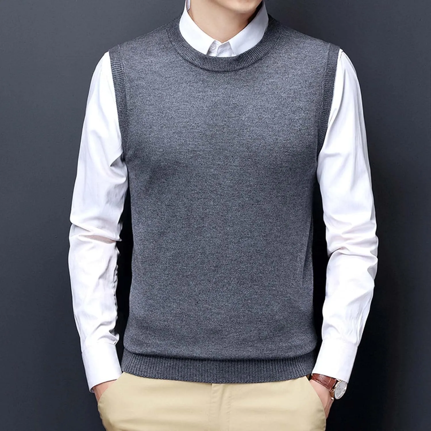 Men's Crewneck Vest Sweater Sleeveless Knitted Pullover Solid Color Texture Tops Lightweight Casual Loose Sweaters