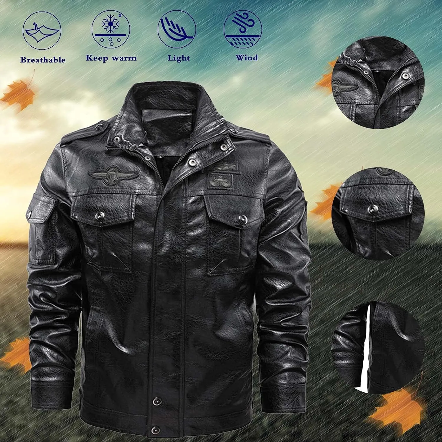 Mens Faux Leather Hooded Racer Jacket Leather Moto Jacket Fall Winter Leather Jackets Vintage Casual Motorcycle Coat