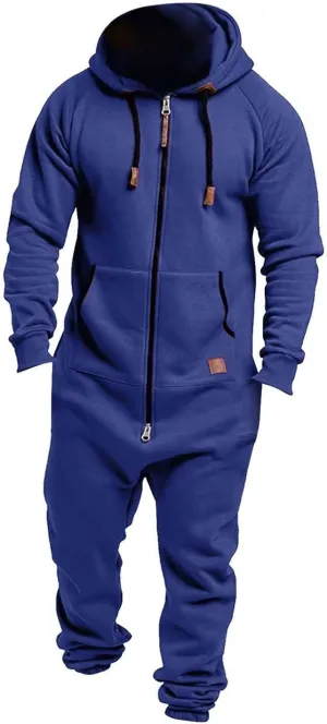 Men's Fleece Sweatshirts Hooded Zipper Jumpsuit Solid Color Matching Casual Suit Jumpsuit with Pocket