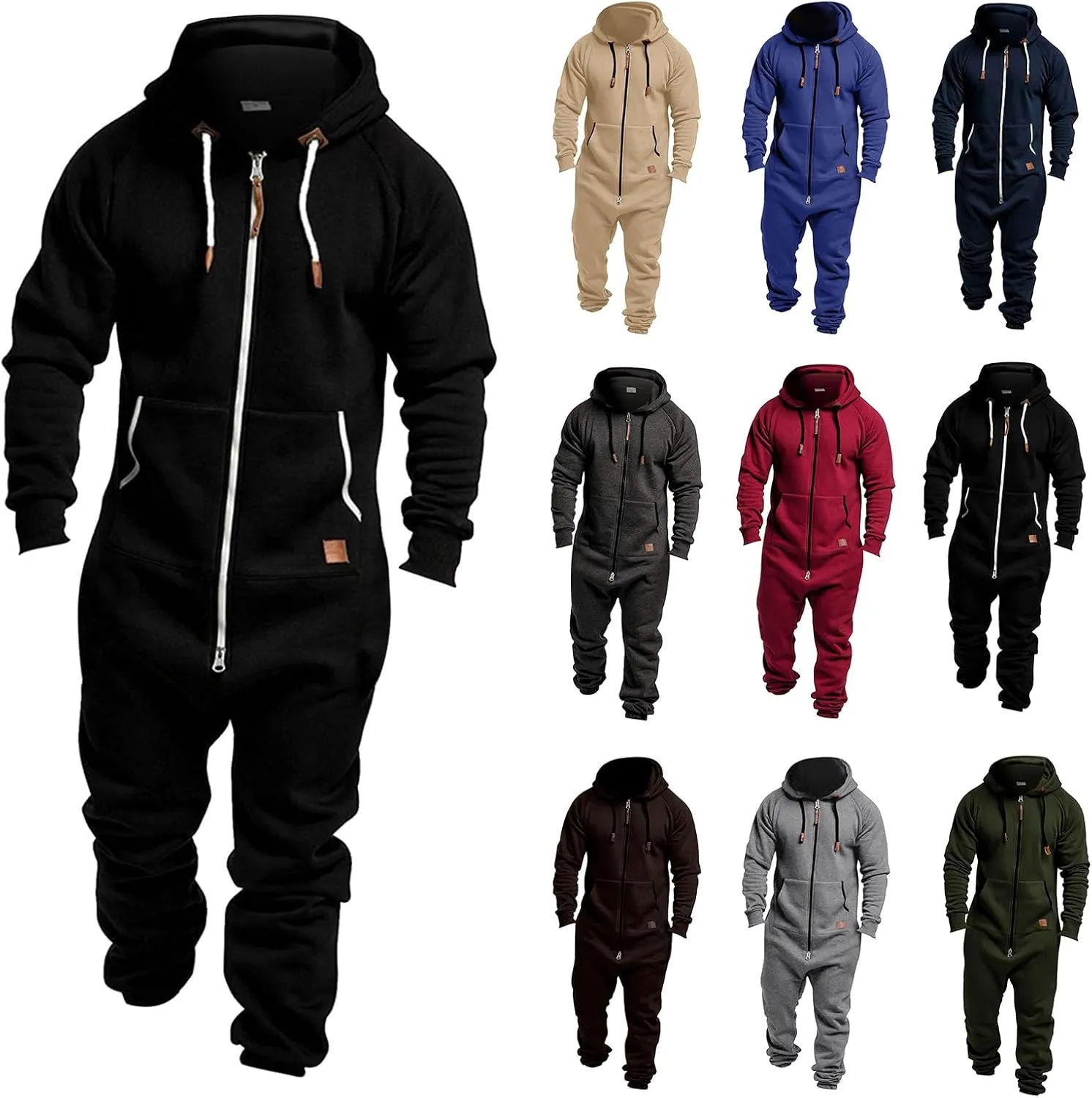 Men's Fleece Sweatshirts Hooded Zipper Jumpsuit Solid Color Matching Casual Suit Jumpsuit with Pocket