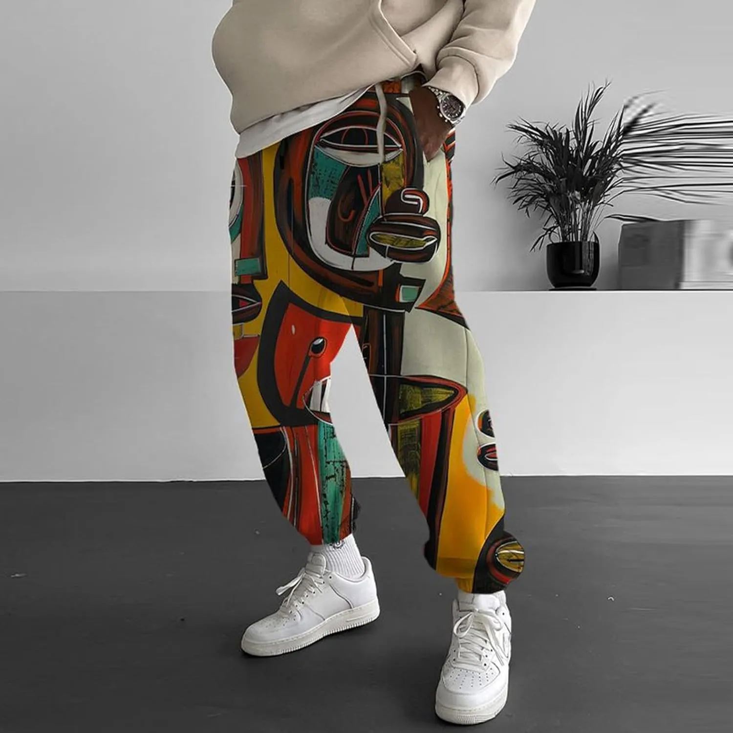 Men's Harem Drawstring Pants Men's Autumn Fun Print Fashion Street Feel Casual Sweatpants Loose Drop Crotch Trousers