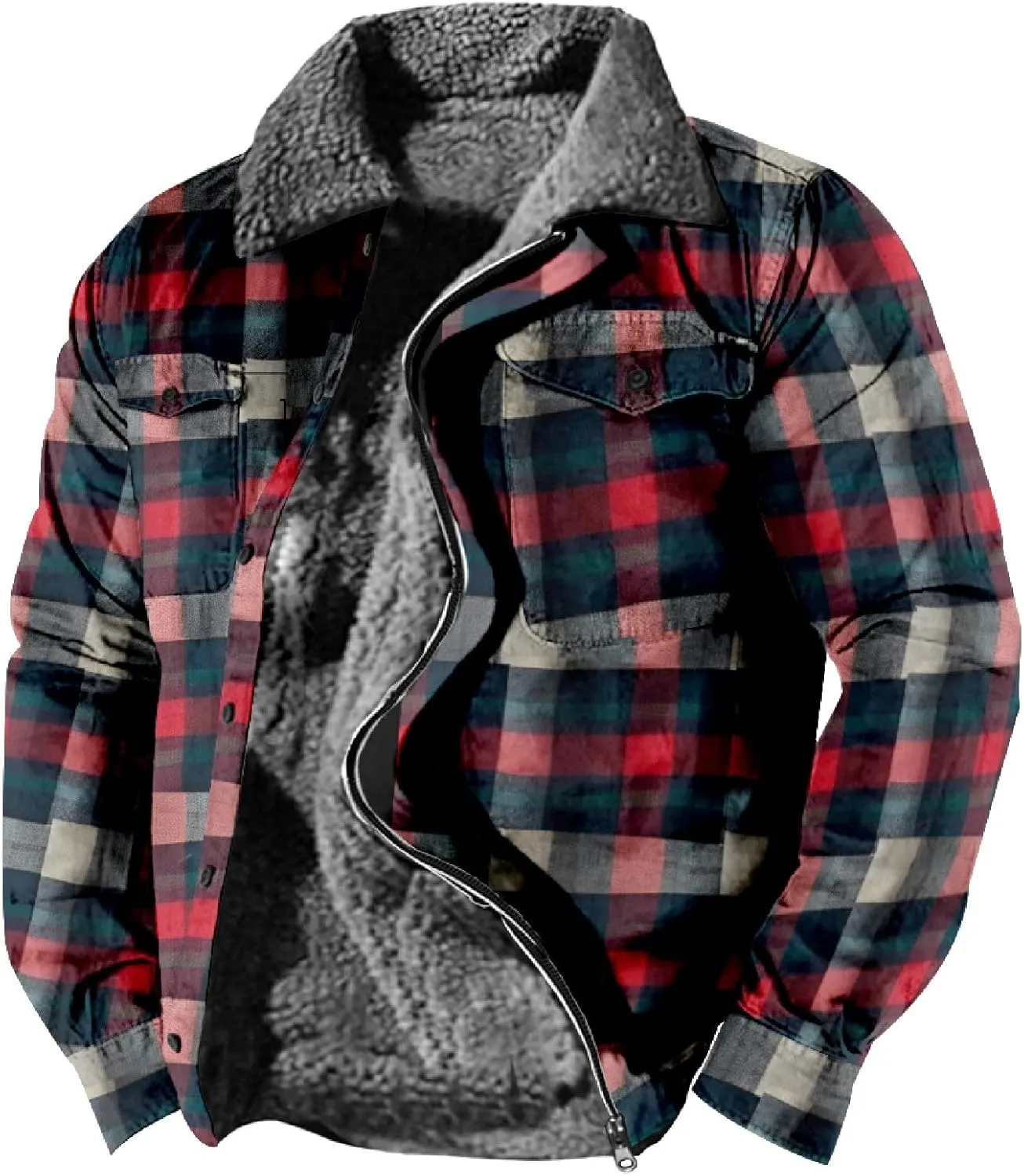 Mens Long Sleeve Sherpa Lined Plaid Flannel Shirt Jacket Hoodies Fleece Coat Fall Winter Windproof Warm Jackets