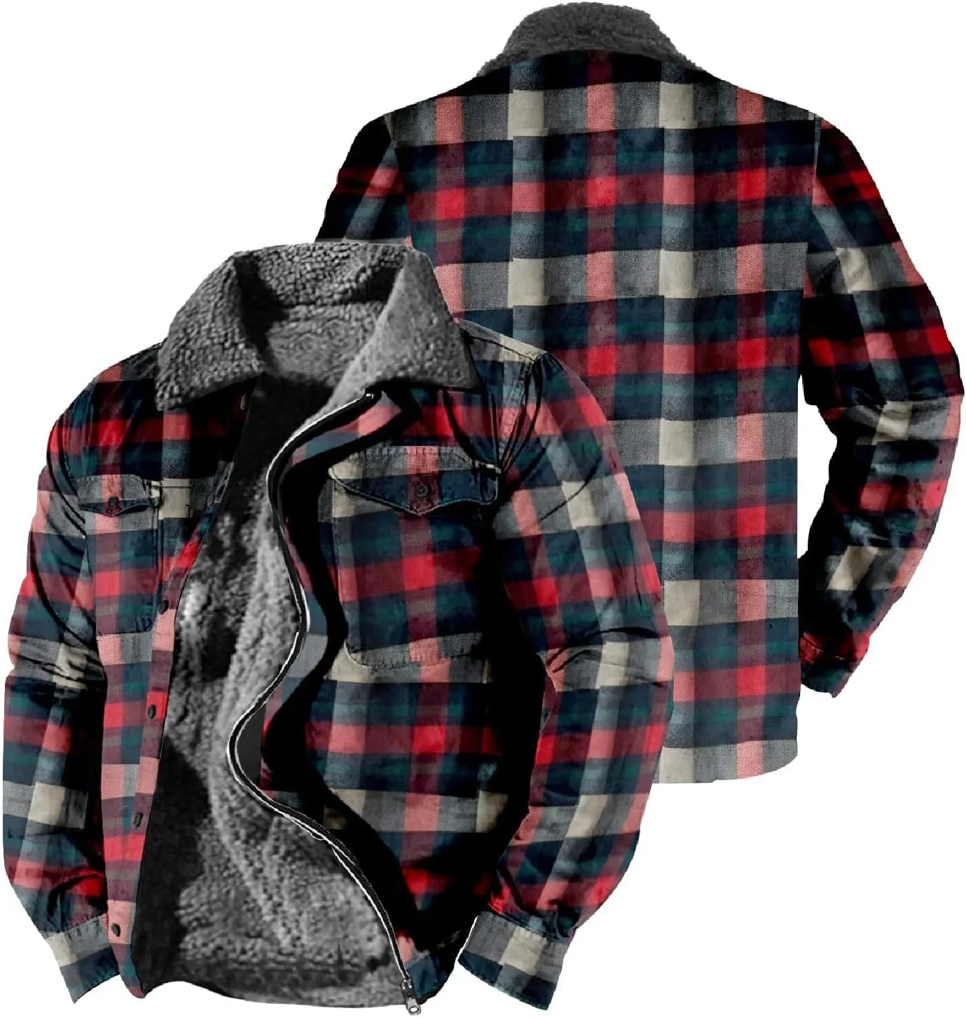 Mens Long Sleeve Sherpa Lined Plaid Flannel Shirt Jacket Hoodies Fleece Coat Fall Winter Windproof Warm Jackets