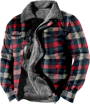 Mens Long Sleeve Sherpa Lined Plaid Flannel Shirt Jacket Hoodies Fleece Coat Fall Winter Windproof Warm Jackets