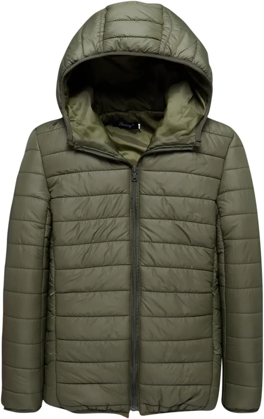 Men's Packable Puffer Jacket Lightweight Hooded Zipper Padded Jackets Plus Size Windproof Winter Warm Down Coat