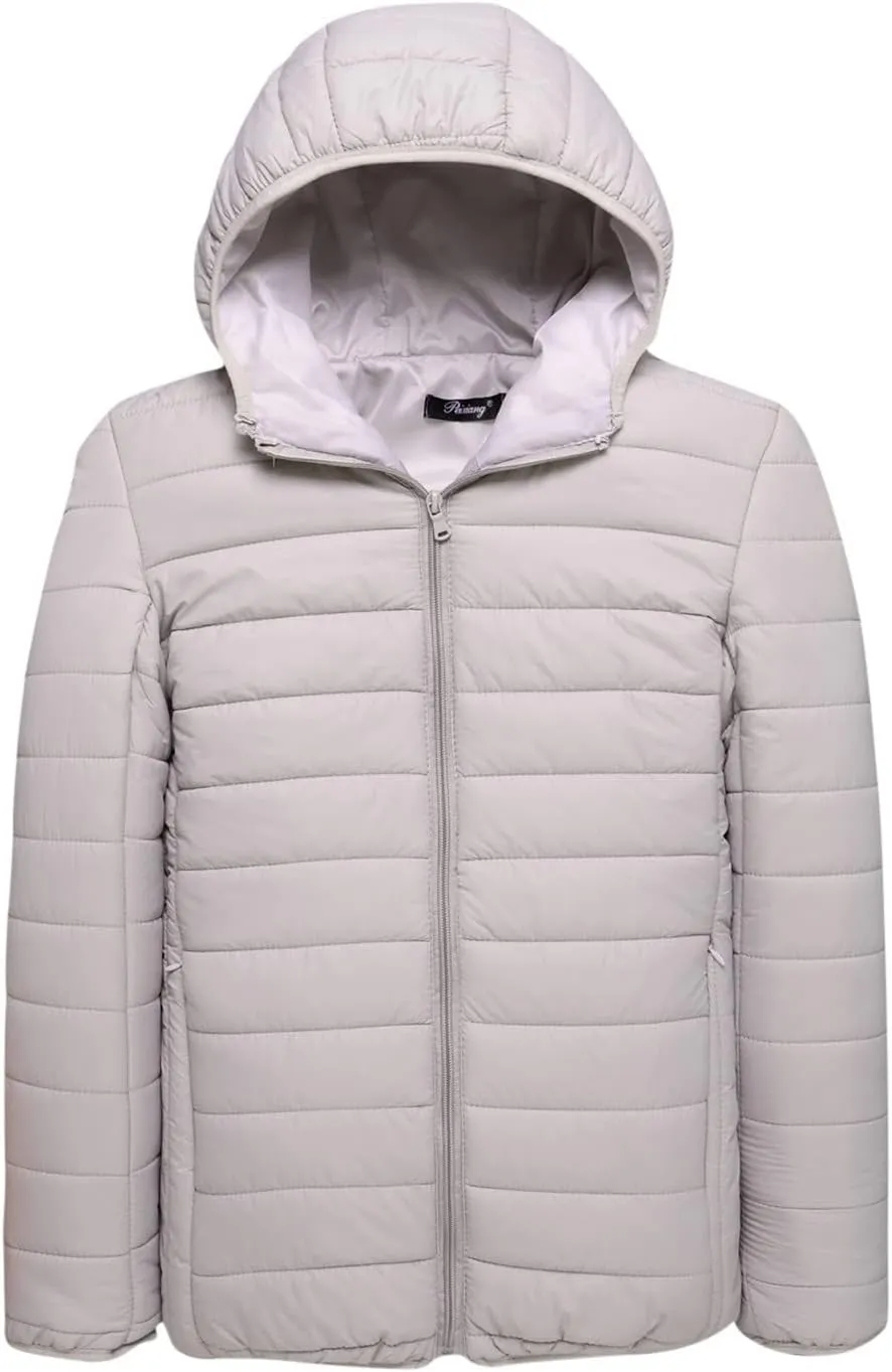 Men's Packable Puffer Jacket Lightweight Hooded Zipper Padded Jackets Plus Size Windproof Winter Warm Down Coat