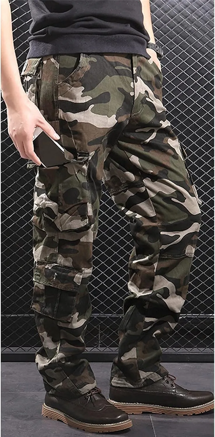 Men's Relaxed Fit Casual Military Trousers Multi Pocket Camo Pants Lightweight Hiking Outdoor Combat Cargo Britches
