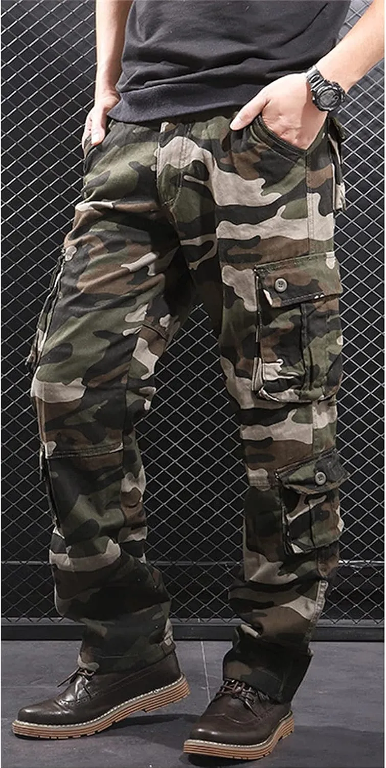 Men's Relaxed Fit Casual Military Trousers Multi Pocket Camo Pants Lightweight Hiking Outdoor Combat Cargo Britches