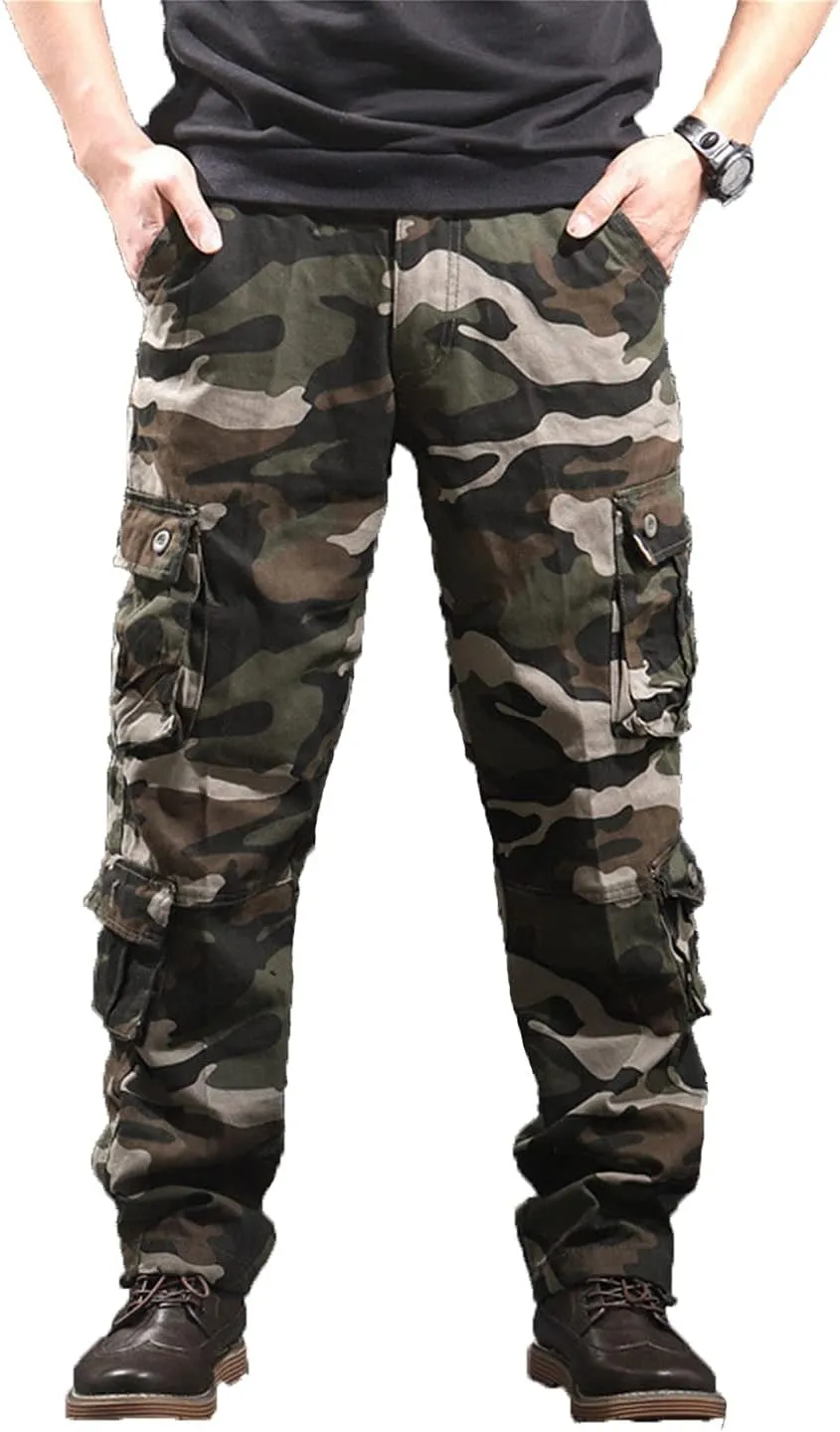 Men's Relaxed Fit Casual Military Trousers Multi Pocket Camo Pants Lightweight Hiking Outdoor Combat Cargo Britches
