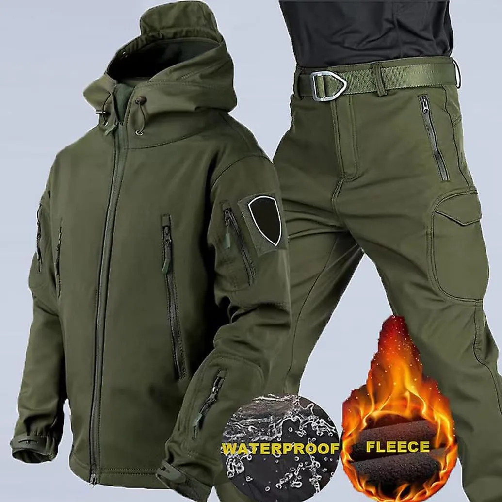 Men's Tactical Suit Fleece Thermal Softshell Hunting Jacket Pants Men Outdoor Waterproof Mountaineering 2 Piece Sets
