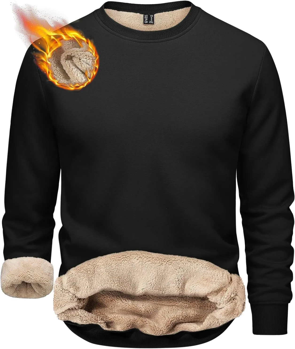 Men's Warm Sherpa Lined Crewneck Sweatshirts Oversize Fleece Pullover Tops Thick Thermal Cotton Pullover Tops Big&Tall