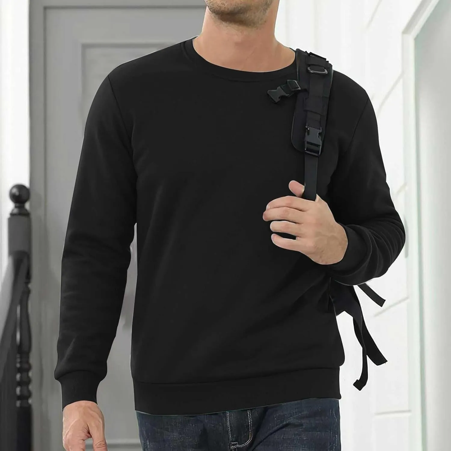Men's Warm Sherpa Lined Crewneck Sweatshirts Oversize Fleece Pullover Tops Thick Thermal Cotton Pullover Tops Big&Tall