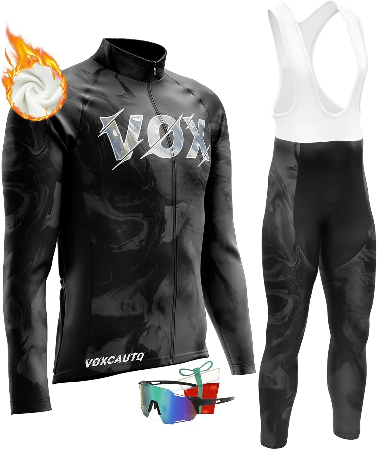 Men's Winter Cycling Jersey Sets Long Sleeve Fleece Thermal Bike Jacket Bicycle Shirt   Windproof Glasses