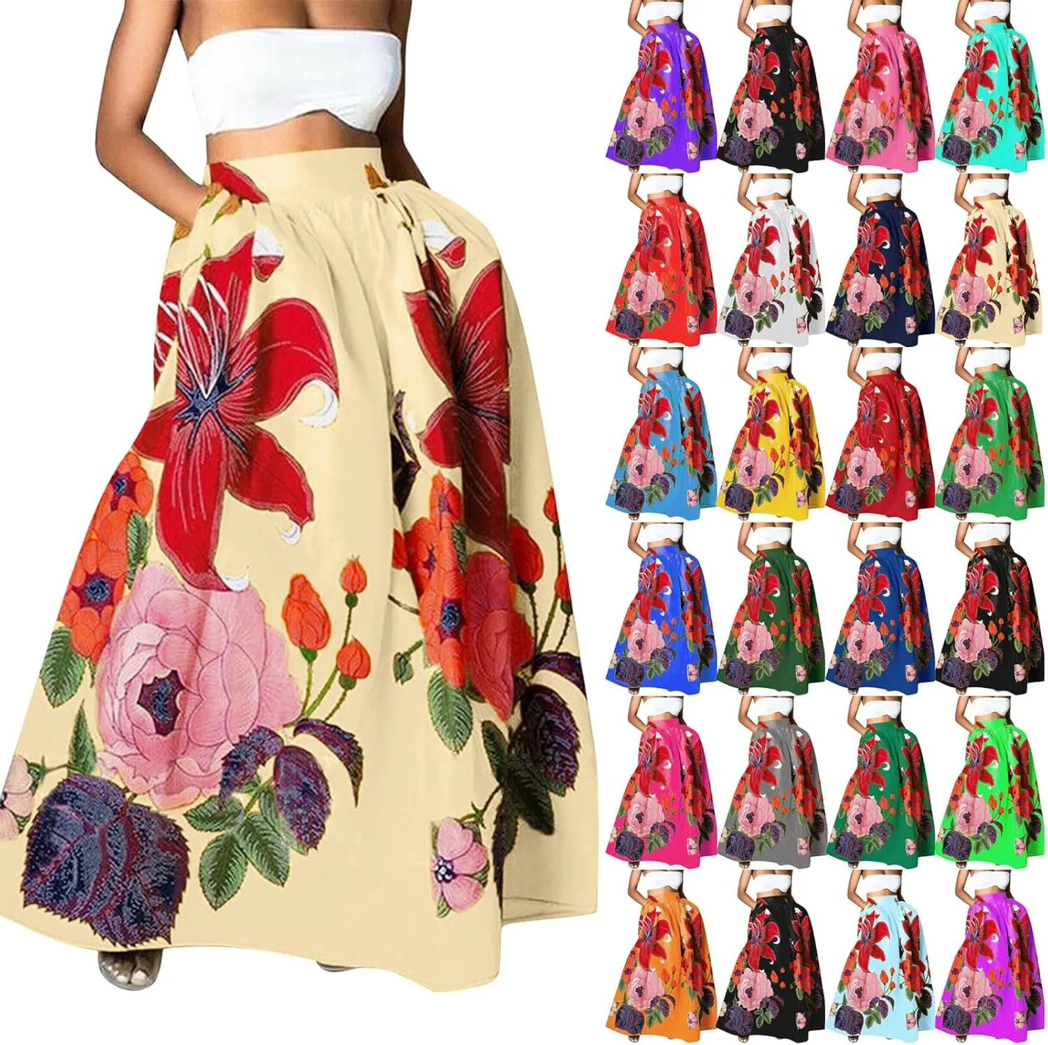 Miyaomn Women's Boho Floral Printed Maxi Skirt Summer Beach High Waisted Mopping Floor Length A Line Long Skirts with Pockets