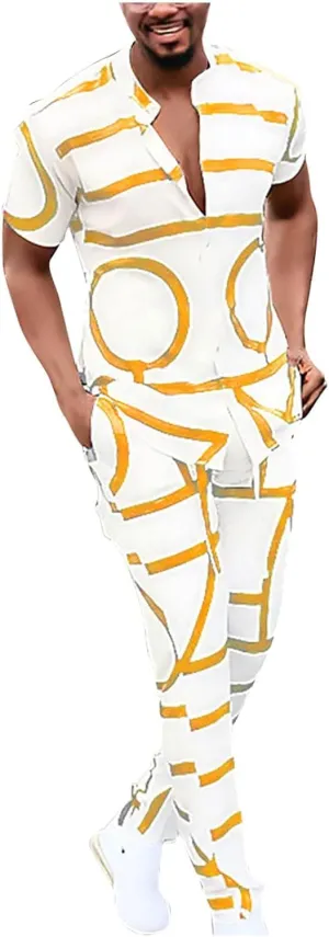 Muscularfit Men's Short Sets Outfits 2 Piece Summer Tracksuit Short Sleeve Print Shirts and Pant Set Running Sweatsuit Set