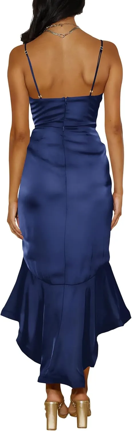 Nova In Sky Womens 2025 Sexy V-Neck Satin Party Cocktail Midi Dress Sleeveless Wrap Ruffle Mermaid Hem Formal Dresses