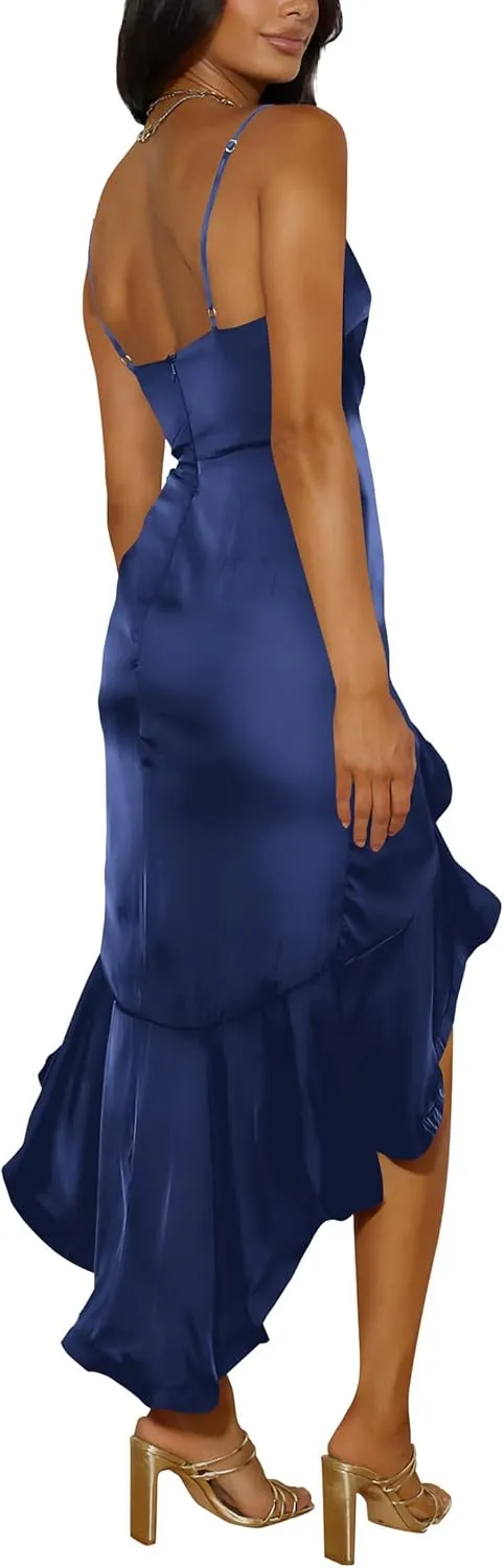 Nova In Sky Womens 2025 Sexy V-Neck Satin Party Cocktail Midi Dress Sleeveless Wrap Ruffle Mermaid Hem Formal Dresses