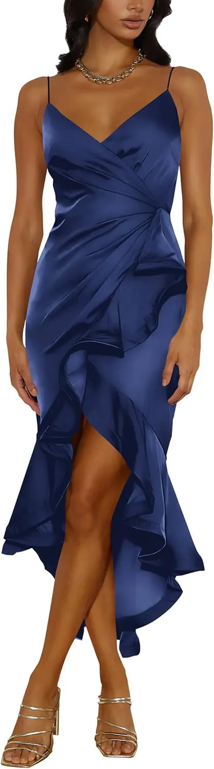 Nova In Sky Womens 2025 Sexy V-Neck Satin Party Cocktail Midi Dress Sleeveless Wrap Ruffle Mermaid Hem Formal Dresses