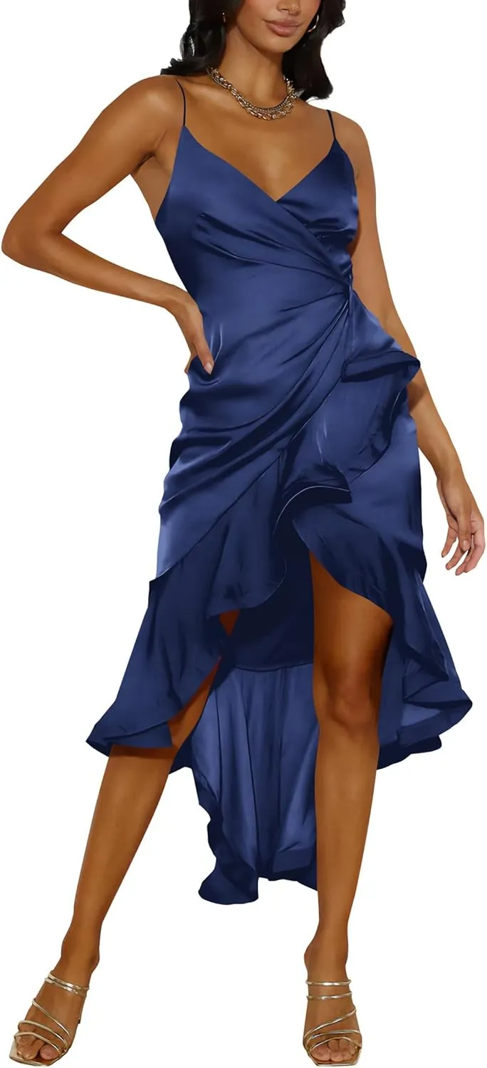 Nova In Sky Womens 2025 Sexy V-Neck Satin Party Cocktail Midi Dress Sleeveless Wrap Ruffle Mermaid Hem Formal Dresses