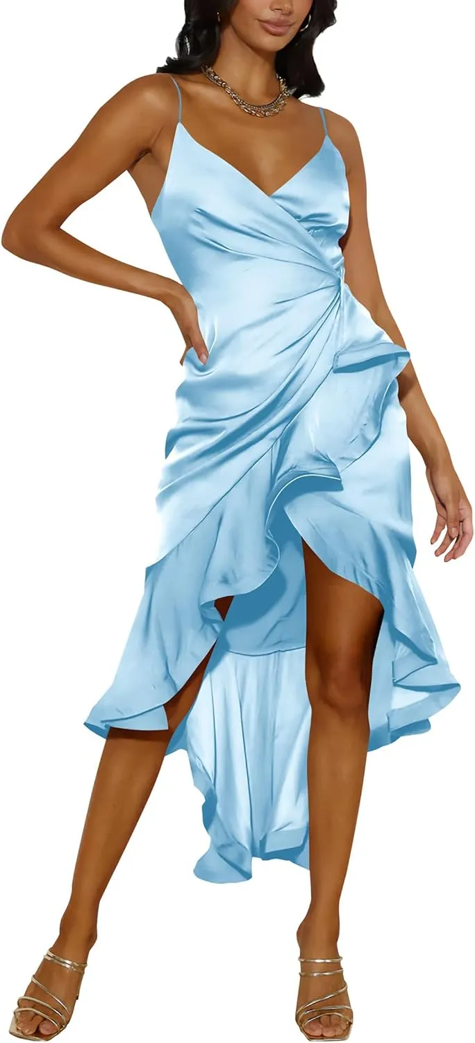 Nova In Sky Womens 2025 Sexy V-Neck Satin Party Cocktail Midi Dress Sleeveless Wrap Ruffle Mermaid Hem Formal Dresses