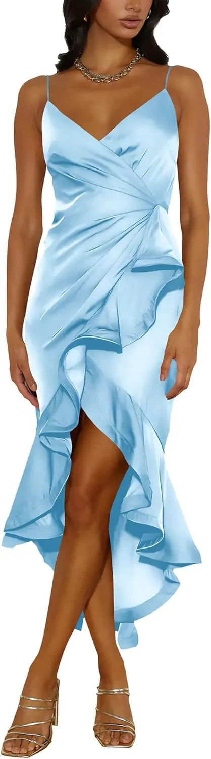 Nova In Sky Womens 2025 Sexy V-Neck Satin Party Cocktail Midi Dress Sleeveless Wrap Ruffle Mermaid Hem Formal Dresses